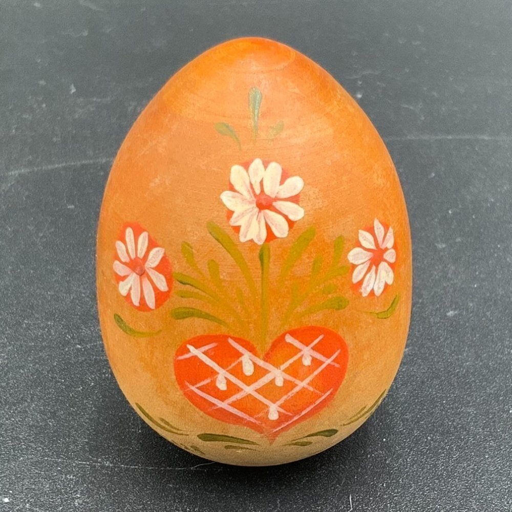 1983 Folk Art Amish Floral Hand Painted on Wood Easter Egg Signed Kathy Whitmire